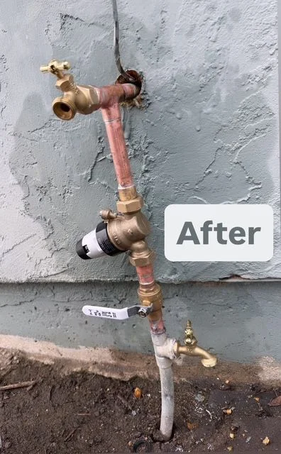 Completed outdoor faucet replacement with new brass spigot and copper piping on stucco wall — after result