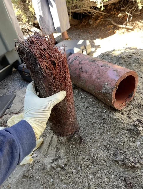 Corroded cast iron sewer pipe with heavy rust buildup and interior deterioration