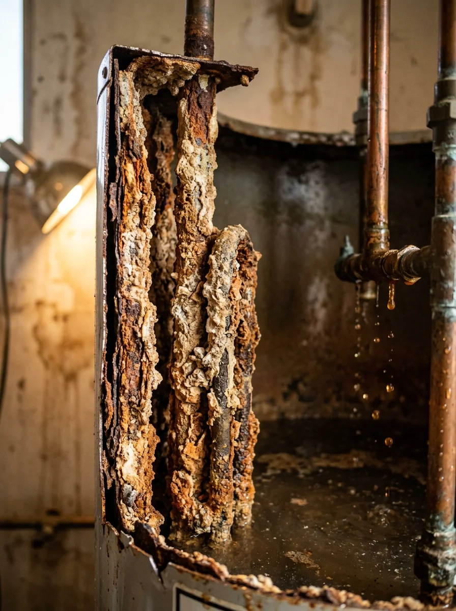 Hard water mineral deposits and scale buildup inside water heater tank, illustrating common Encinitas plumbing damage from high mineral content water