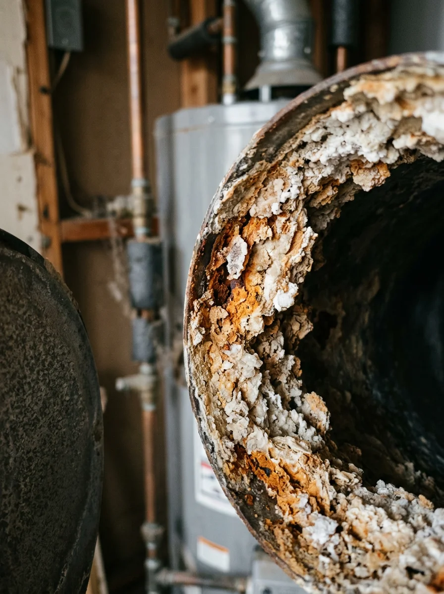 Close-up of mineral scale buildup inside a water heater from hard water exposure