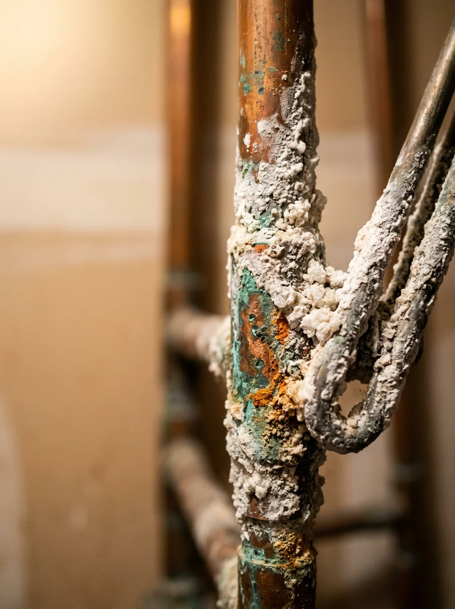 Close-up of mineral deposits and calcium buildup on a water heater and copper pipes, illustrating hard water damage common in La Mesa