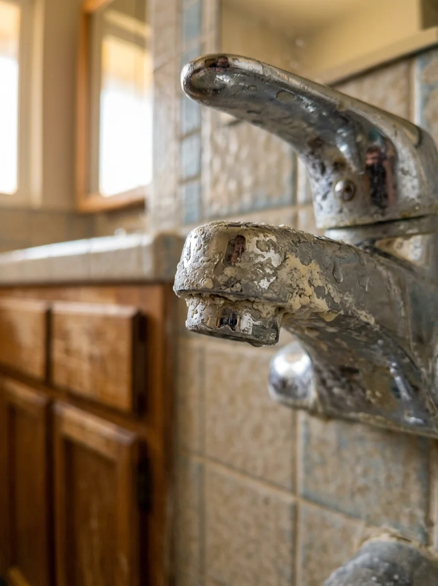 Close-up of hard water mineral deposits and white scale buildup on a bathroom faucet, common in Lakeside homes