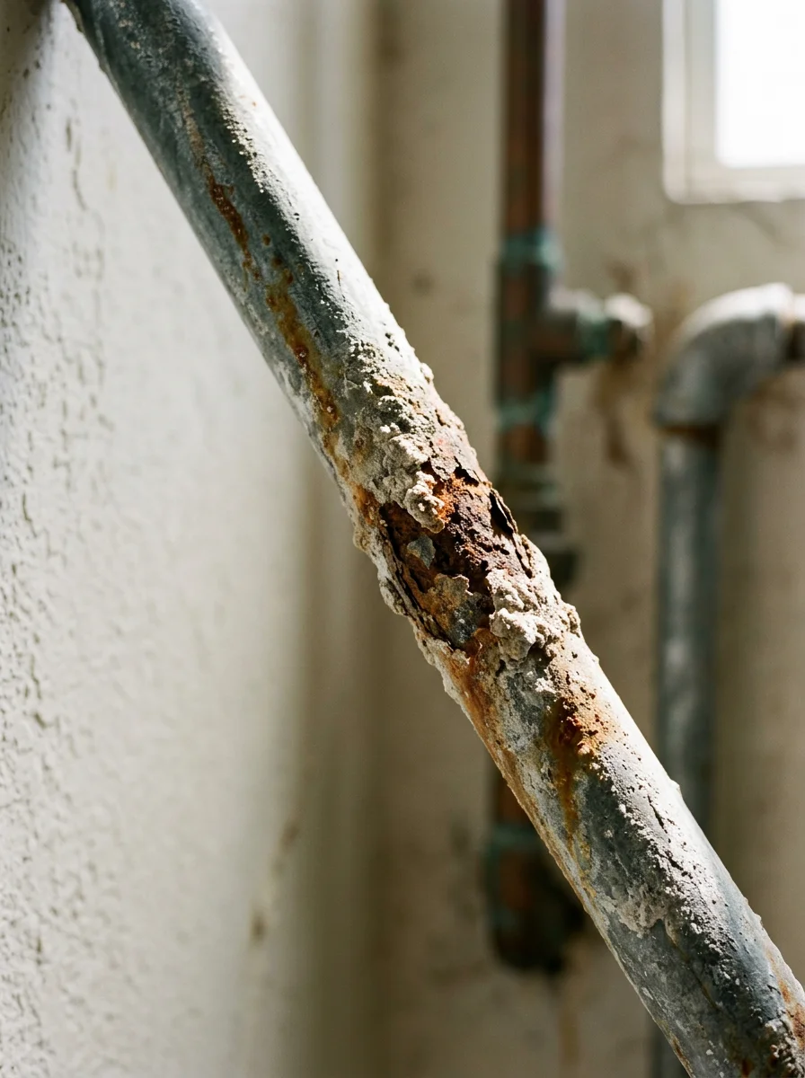 Close-up of corroded galvanized water pipe from a 1960s Lemon Grove home, showing mineral buildup and deterioration