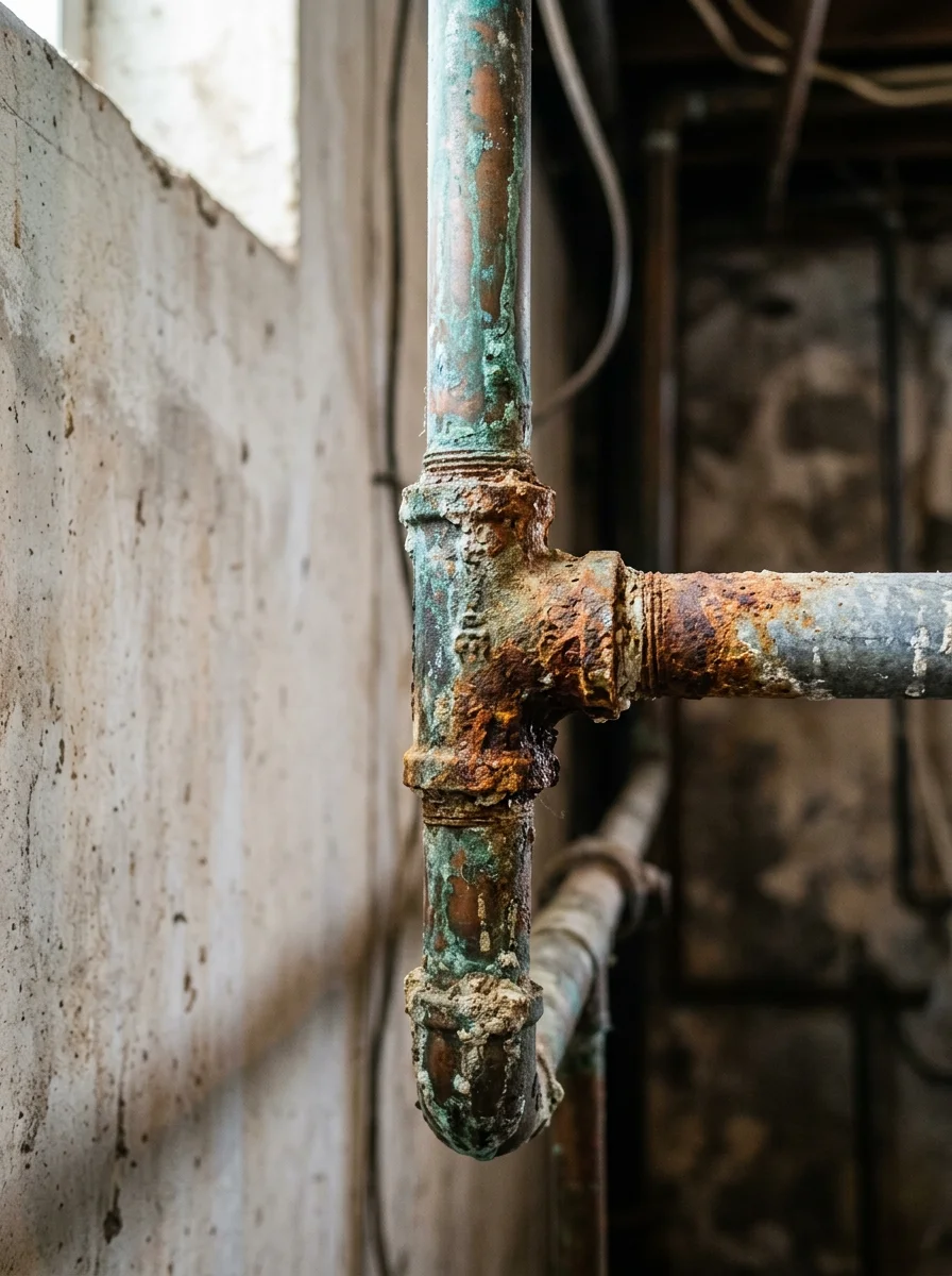Close-up of corroded copper and galvanized pipes typical of National City's aging plumbing infrastructure