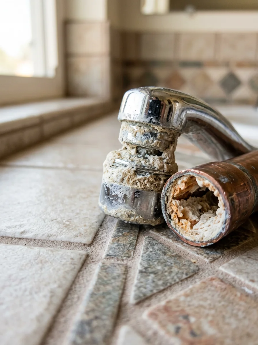 Close-up of hard water mineral deposits on plumbing fixtures and pipe cross-section showing calcium buildup common in Santee's water system