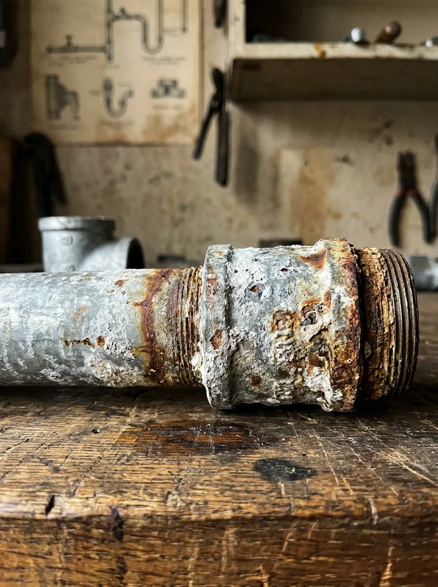 Close-up of corroded galvanized pipe section, illustrating common plumbing issues in pre-1985 Spring Valley homes