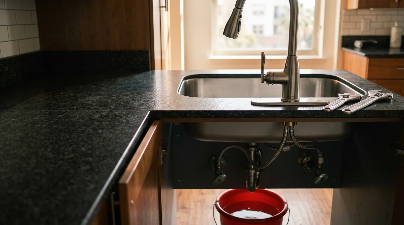 A plumber installing a new kitchen faucet under a sink in a downtown San Diego condo, with supply lines and shutoff valves visible beneath the cabinet.