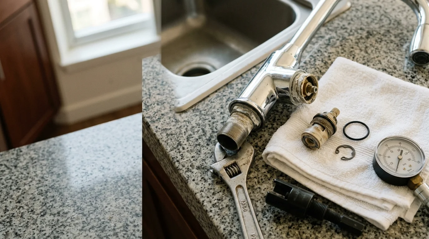 A plumber repairing a dripping kitchen faucet under a sink in a San Diego downtown residential unit. Close-up view of hands replacing an internal cartridge on a chrome faucet fixture.