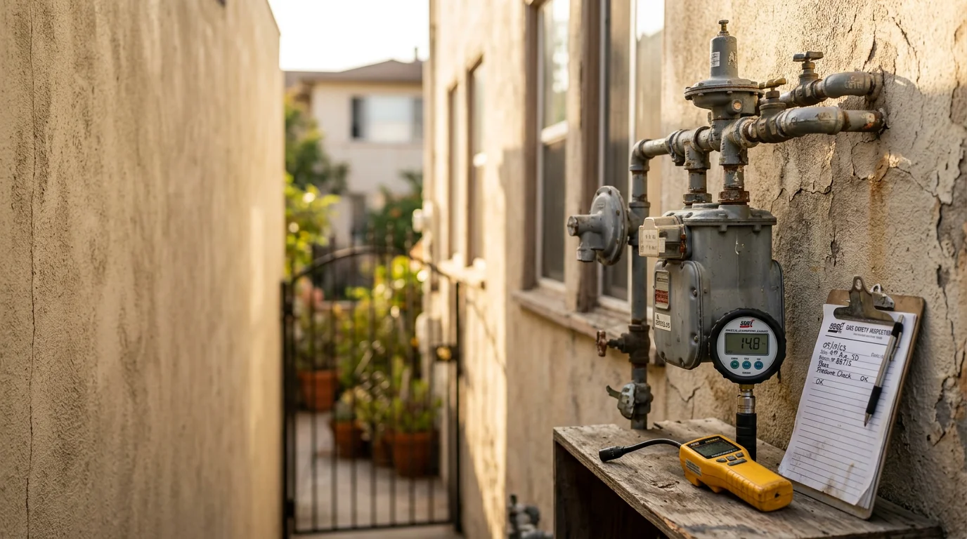 A plumber from Economy Plumbing SD inspecting exposed gas pipe fittings and shut-off valves in a San Diego downtown residential property. The technician uses a handheld gas detection tool near appliance connections to check for leaks.