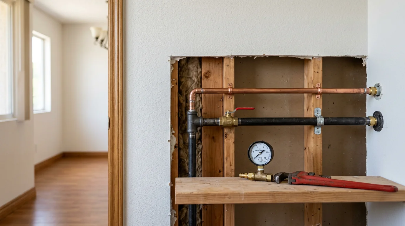 A plumber installing new black iron gas pipe beneath a kitchen counter in a San Diego downtown residential unit. Pipe fittings and shutoff valve are visible, with the connection point ready for pressure testing.
