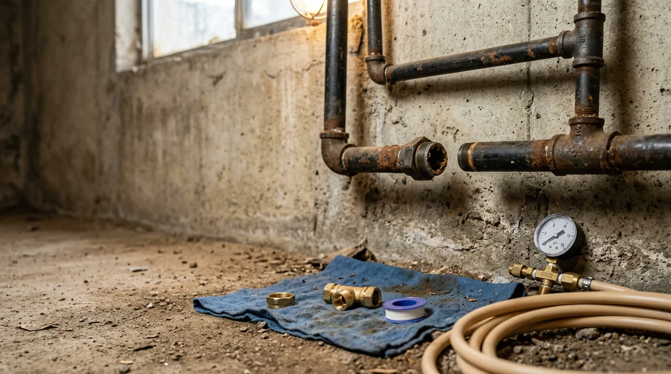 A plumber repairing a corroded gas pipe fitting beneath a kitchen in a San Diego downtown residential property. Close-up view of the pipe connection with repair tools visible.