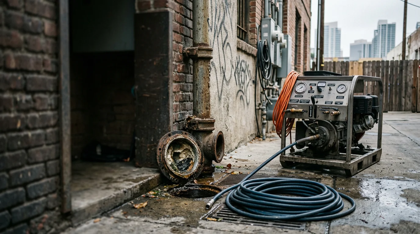 A plumber from Economy Plumbing SD feeding a hydro jetting hose into a cleanout access point at a downtown San Diego property. The image shows the high-pressure water line entering an older drain system with a commercial building exterior visible in the background.