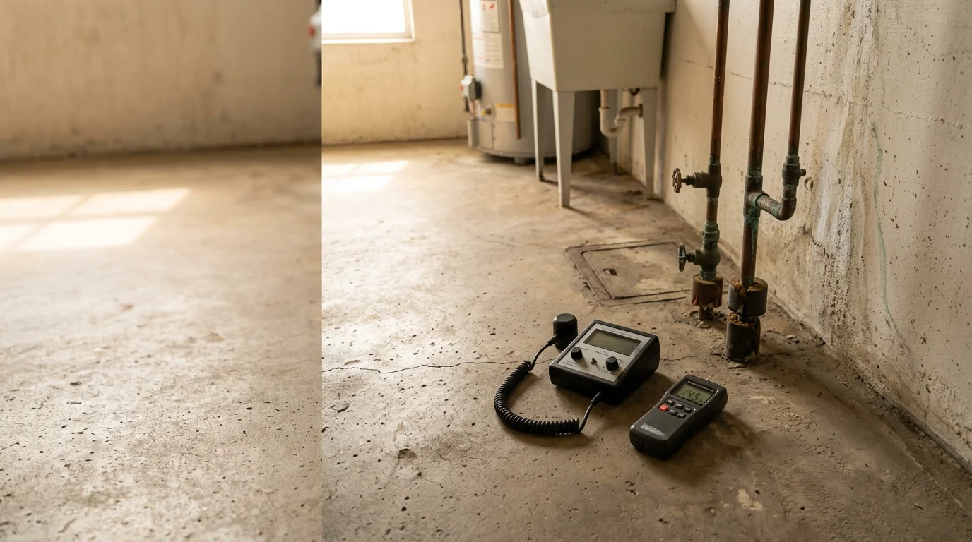 A plumber using acoustic leak detection equipment on a concrete slab floor inside a San Diego downtown residential building. The image shows the technician tracing a hidden pipe leak without visible wall or floor damage.