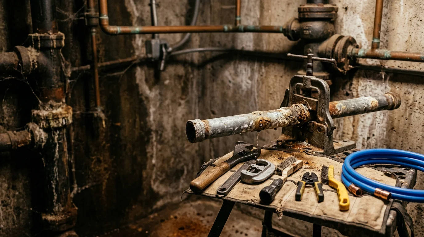 A plumber repairing a corroded galvanized water pipe inside a residential wall in San Diego downtown. Close-up view showing the damaged pipe section being replaced with new supply line material.