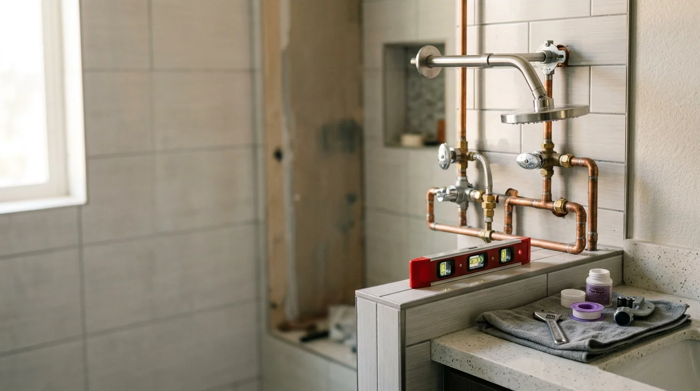 A newly installed walk-in shower inside a San Diego downtown condo, showing connected supply lines, a drain, and a wall-mounted valve fixture. The bathroom reflects the compact layout common to high-rise residential units in the downtown San Diego area.