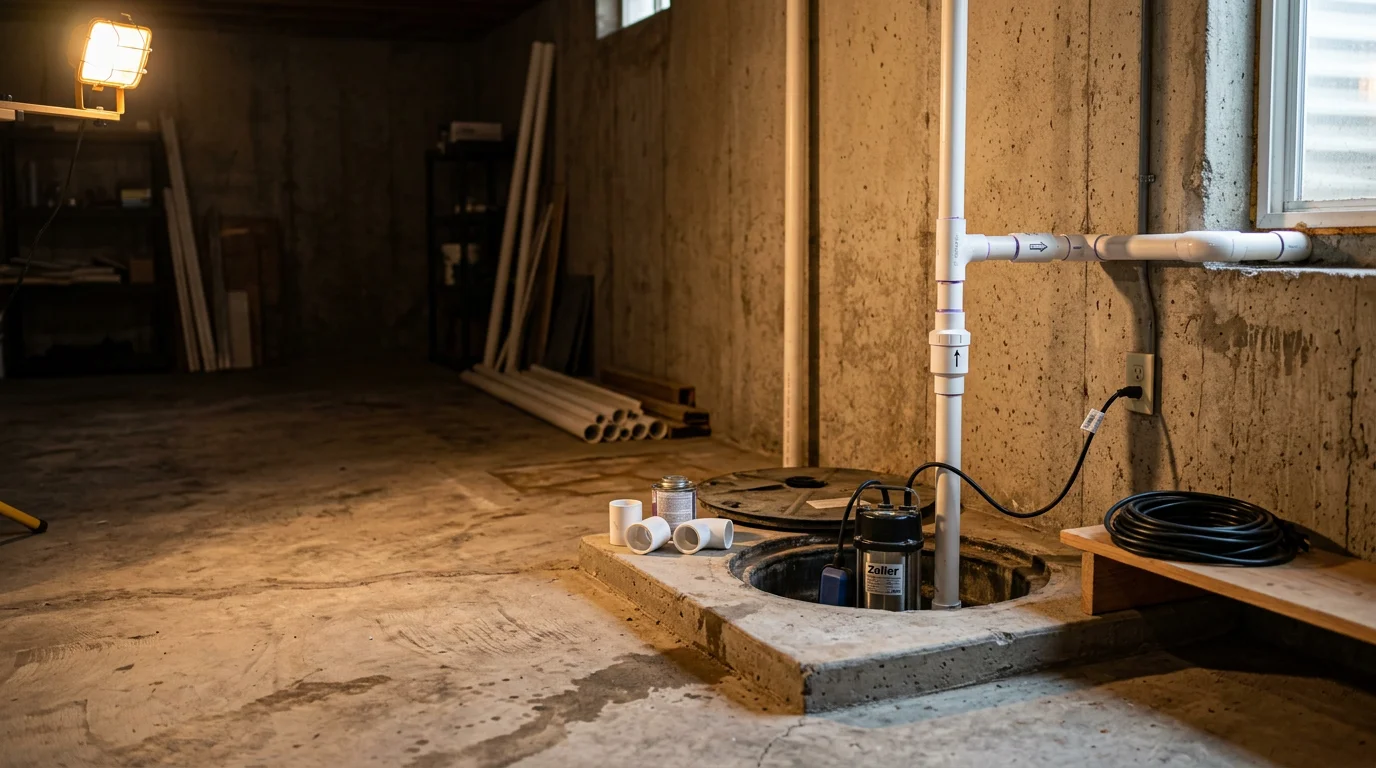 A plumber inspecting a newly installed sump pump inside a residential crawl space in San Diego downtown. The pump sits in a clean sump pit with a discharge line routed away from the home's foundation.