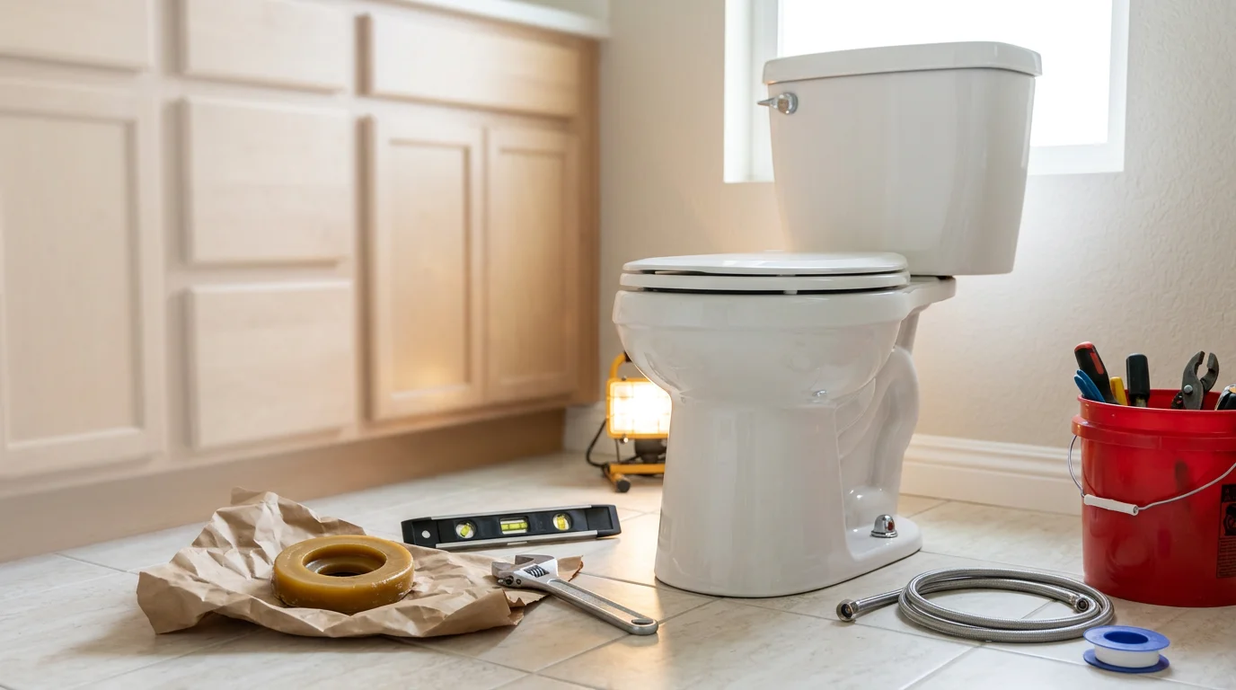 A plumber completing a toilet installation in a San Diego downtown condo bathroom, with the new toilet seated level and supply line connected. The finished bathroom floor and wall tile are visible around the base of the installed fixture.