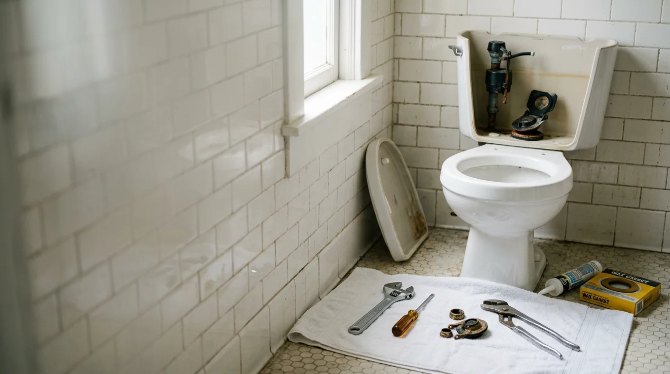 A plumber inspecting the internal tank components of a residential toilet inside a downtown San Diego condo unit. The repair focuses on the fill valve and flapper assembly with tools laid out on a clean work mat.